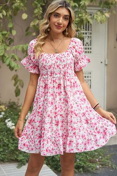 Smocked Printed Flounce Sle... Summer Sun Dresses, Magical Fashion, Sorority Rush Outfits, Floral Print Chiffon Dress, Latest Casual Dress, Rush Outfits, Sorority Rush, Lehenga Blouse Designs, Chiffon Shorts