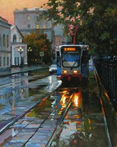 a painting of a bus driving down the street in the rain