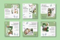 four square brochures with green leaves and flowers