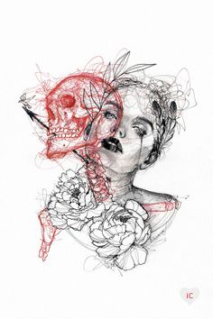 a drawing of a woman's face with flowers in her hair and skull on the forehead