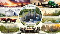 an advertisement for the environmental action plan 2012 - 2013, with pictures of farm equipment and people standing in front of them