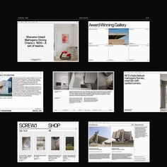 a black and white photo with several different pages on it, including an article about architecture