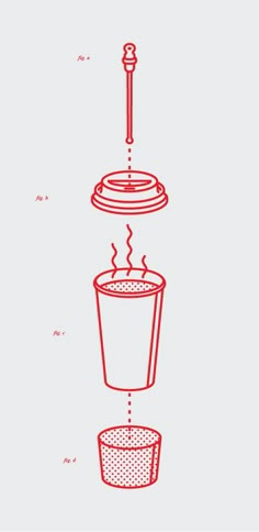 a red line drawing of a coffee cup with steam coming out of the top and bottom