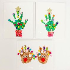 three handprints made to look like christmas decorations