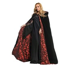 Underwraps Costumes Embossed Black & Red Velvet Satin Cape The Underwraps Costumes Embossed Black & Red Velvet Satin Cape is a 63" cape that is perfect for your party or Halloween Costume. The shell is black velvet and the lining is antique red. This cape is also available in Black & Purple and Black & Silver. Check out our entire lineup of capes and cloaks. Size: One Size. Red Cape Costume, Vampire Decor, Costume Party Decorations, Devil Woman, Black Halloween Costumes, Vampire Costumes, Gothic Costume, Cape Costume