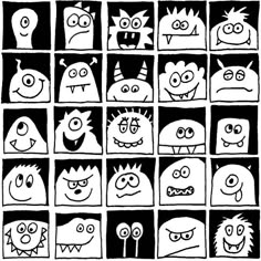 black and white drawing of cartoon faces in squares