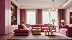 a living room with pink furniture and curtains