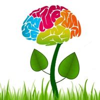 a drawing of a brain in the shape of a flower with green leaves on it