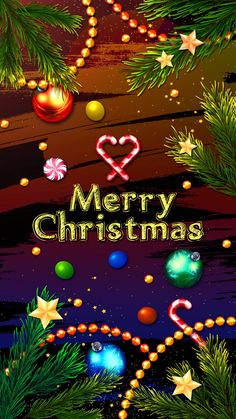 merry christmas card with ornaments and lights on the tree in front of a night sky