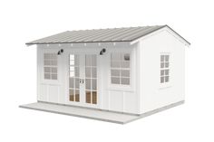 a small white house with two doors and windows on the roof, in front of a white background