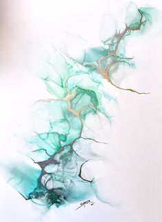 an abstract painting with blue and green colors on white paper, showing the tree branches