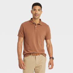 Brown Cotton Short Sleeve Polo Shirt, Brown Cotton Polo Shirt With Polo Collar, Casual Brown Polo Shirt With Collared Neckline, Brown Cotton Polo Shirt, Casual Collared T-shirt For Work, Brown Cotton Polo Shirt For Summer, Fitted Brown Cotton Polo Shirt, Casual Brown Short Sleeve Polo Shirt, Casual Brown Polo Collar Top