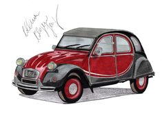 a drawing of a red and gray car with the word happy on it's side