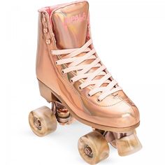 a pair of roller skates with gold wheels