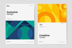 two brochures designed to look like an abstract art work, with different colors and shapes