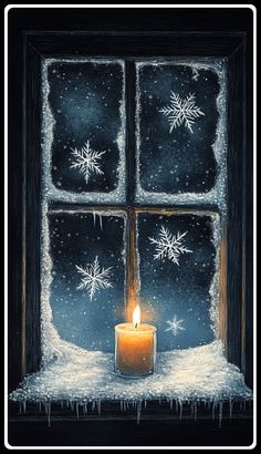 a lit candle sitting in front of a window with snowflakes on the windowsill