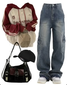 OOTD: Striped Sleeve Hoodie + Cargo Jeans + Crossbody Bag Baggy Sweatpants, Oversized Hoodie, School Fits, Really Cute Outfits, Dream Style, Casual Style Outfits