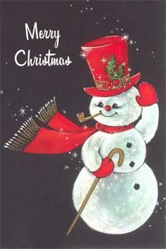 a christmas card with a snowman holding a broom