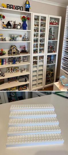 there are many legos on the shelves in this room, and one is empty