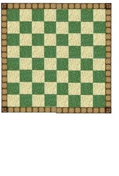 a green and white checkered rug with brown trim