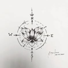 a drawing of a flower with arrows and compasss on the back of its head