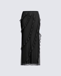 A modern take on a classy classic 😏 This black ruffle maxi skirt is crafted from ultra-soft chiffon fabric, and boasts a mid-rise fit, ruffle details, a slight mermaid shape, and an invisible side zipper 🖤 Elegant Ruffled Maxi Bottoms, Formal Skirt With Voluminous Ruffles, Formal Voluminous Skirt With Ruffles, Evening Maxi Tiered Skirt With Ruffles, Evening Tiered Maxi Skirt With Ruffles, Evening Tiered Ruffle Maxi Skirt, Chic Ruffled Bottoms For Formal Occasions, Evening Tiered Skirt With Ruffles, Chic Chiffon Skirt For Party