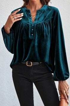 Lantern Sleeve Top, Blouse Elegant, Velvet Shirt, Velvet Blouses, Velvet Top, Beaded Top, Deep Teal, Velvet Tops, Lantern Sleeve