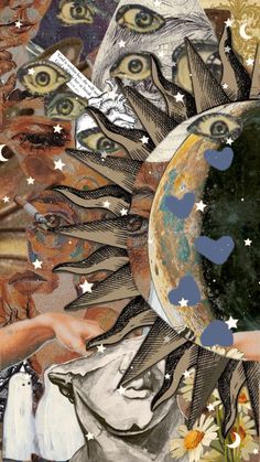 an artistic collage with images of people and the earth in their hands, surrounded by stars