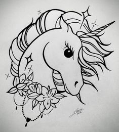 a black and white drawing of a unicorn with flowers on it's head,