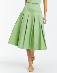 Midi length green jacquard A-line daytime skirt with box pleats. Jacquard Jacket, Green Outfit, Little White Dresses, Box Pleats, Green Skirt, Jacquard Fabric, Kentucky Derby, A Line Skirt, A Line Skirts