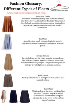 Different Types Of Pleats, Fashion Glossary, Types Of Pleats, Personal Fashion Stylist, Fashion Fails