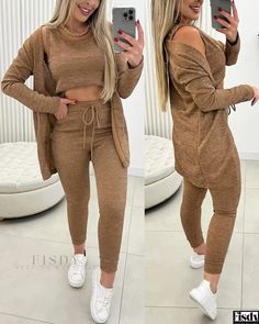 Fisdy - Relaxed Fit Drawstring Pants Ensemble with Tank Top and Soft Coat Two Pieces Set Outfits, Fall Attire, Stylish Jackets, Comfort Wear, Pocket Pants, Drawstring Pants, Pants Outfit, Ladies Tops Fashion, Bottoms Pants