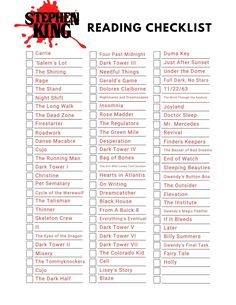 the stephen king reading checklist is shown in red and black, with blood splattered over it