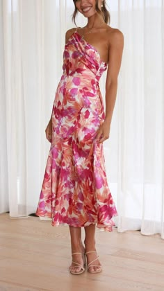 Midi length One shoulder design Invisible side zip Wedding Guest Summer Dress, Spring Cocktail Dress Wedding Guest, فستان زهري, Floaty Maxi Dress, Beach Wedding Guest, Stylish Maxi Dress, Wedding Guest Attire, One Shoulder Midi Dress, Floral Rosa