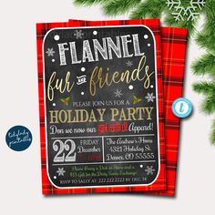 a red plaid christmas party card with the words flannel fur and friends on it