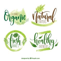 four different logos for organic farmers with green leaves and flowers on the bottom one is white,