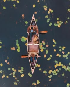 two people in a canoe floating on top of water with lily pads and green leaves