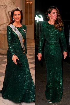 two pictures of the same woman in green dresses, one is wearing a tiara