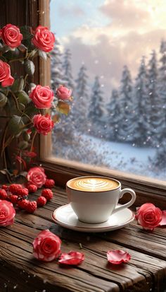 a cup of coffee sitting on top of a wooden table next to red rose petals