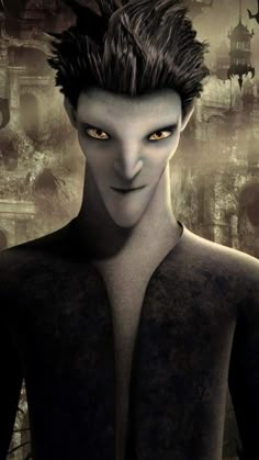 an animated character with black hair and yellow eyes