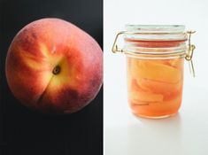 there are two pictures one has peaches and the other has honey