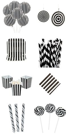 black and white striped cupcake toppers, lollipop picks, and paper straws