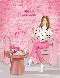 a drawing of a woman sitting in a pink chair