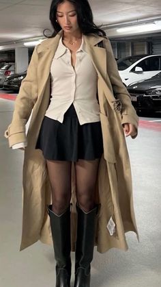 Trench Coat And Boots Outfits, Opera Fits, Officecore Aesthetic, Professor Fashion, Cool School Outfits, Casual New Years Eve Outfits, Cool School, Winter Sweater Dresses