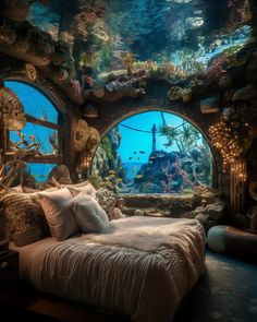 an underwater bedroom with fish and corals on the walls, along with two large round windows