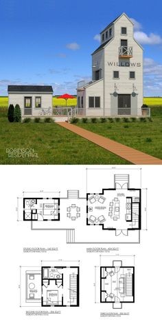 two story house plan with garage and living room in the front, second floor bedroom on the back