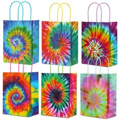 PRICES MAY VARY. What You Get: you will receive 24 pieces tie dye party bags with handles, 6 different styles are included, 4 pieces for each style, the abundant styles and quantity will meet your packing needs for daily or various parties, to help to wrap and sort gifts quickly and easily Chic Design: these colorful party bags with handles are printed with classic tie dye pattern, coordinate with 6 kinds of color combination, which are vivid, eye catching and full of retro atmosphere, will be a Retro Party Decorations, Rainbow Birthday Decorations, Rainbow Party Favors, Retro Birthday Parties, Bags Colorful, Rainbow Paper