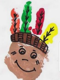 a child's drawing of a smiling face with plants on top of their head