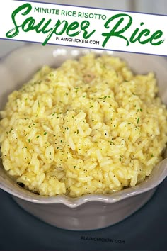 a bowl filled with rice on top of a table next to a sign that reads minute rice riso