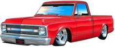 a drawing of a red pickup truck with chrome rims on the front and sides